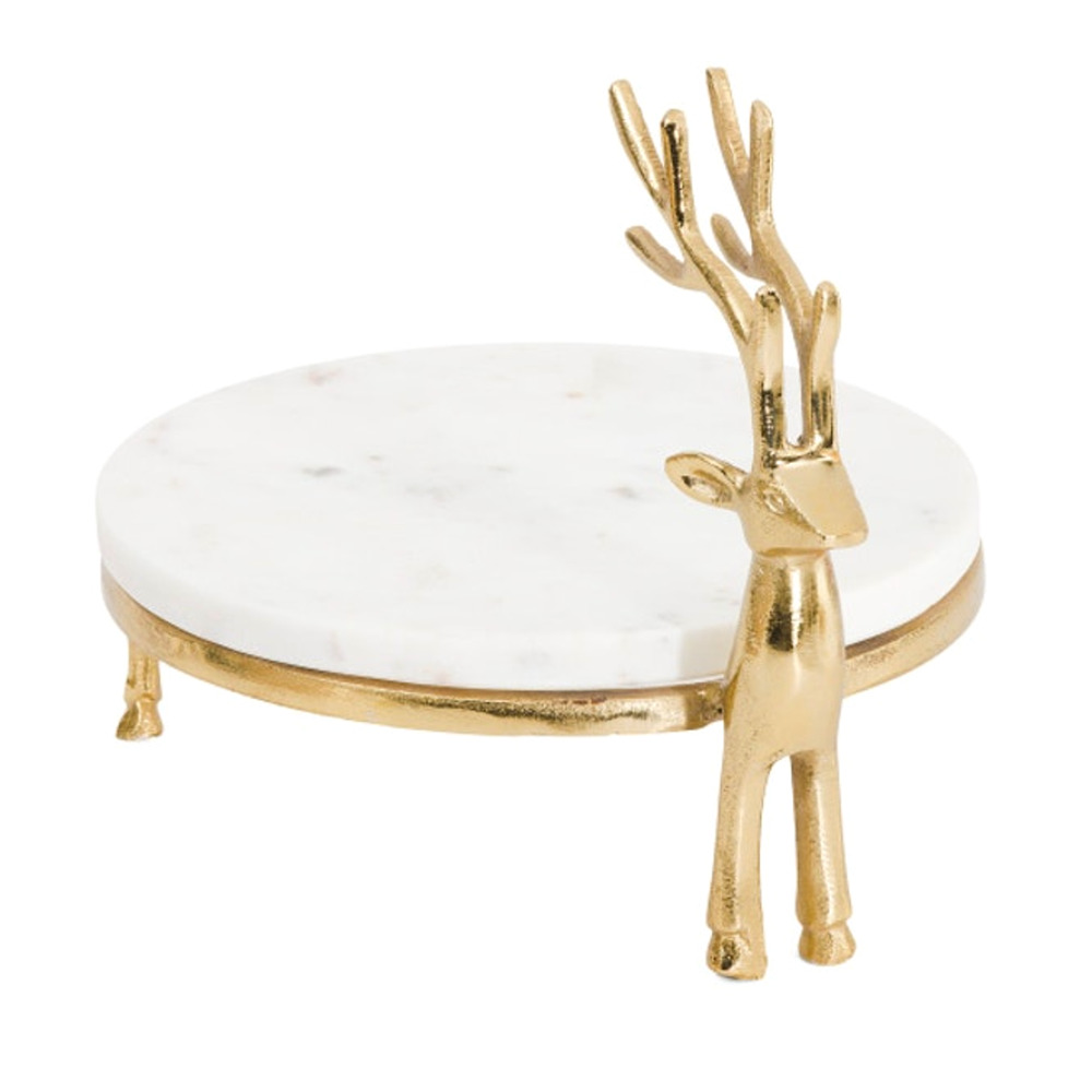 Christmas Reindeer Heavy Marble Cake Plate Stand 10in Made In India NEW